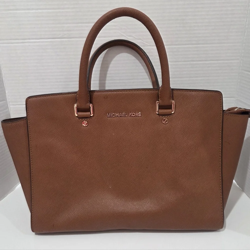 Michael Michael Kors Selma Large Leather Satchel Bag Luggage Brown AUTHENTC